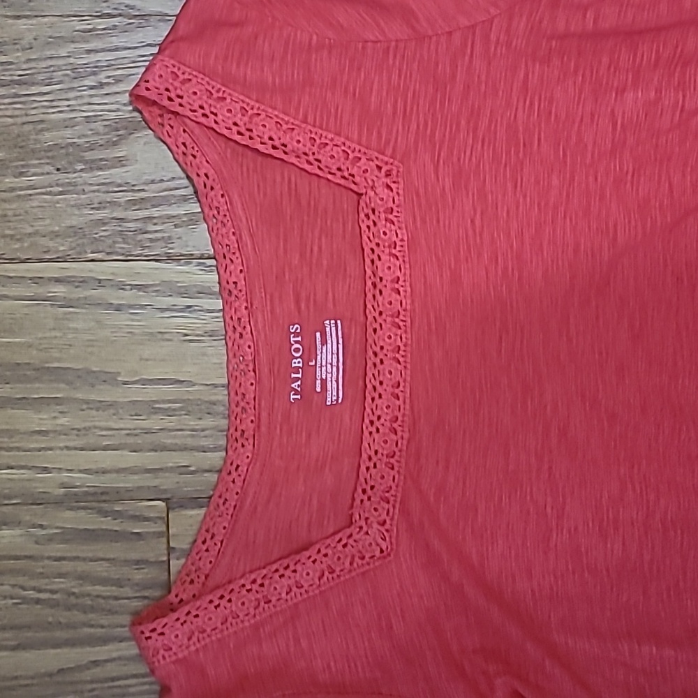Talbots Lace Trim Square Neck Knit Top Cotton Blend T-shirt sz Large - Picture 2 of 6